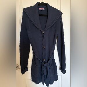 Vineyard Vines Cotton Navy Blue Belted Ribbed Cardigan